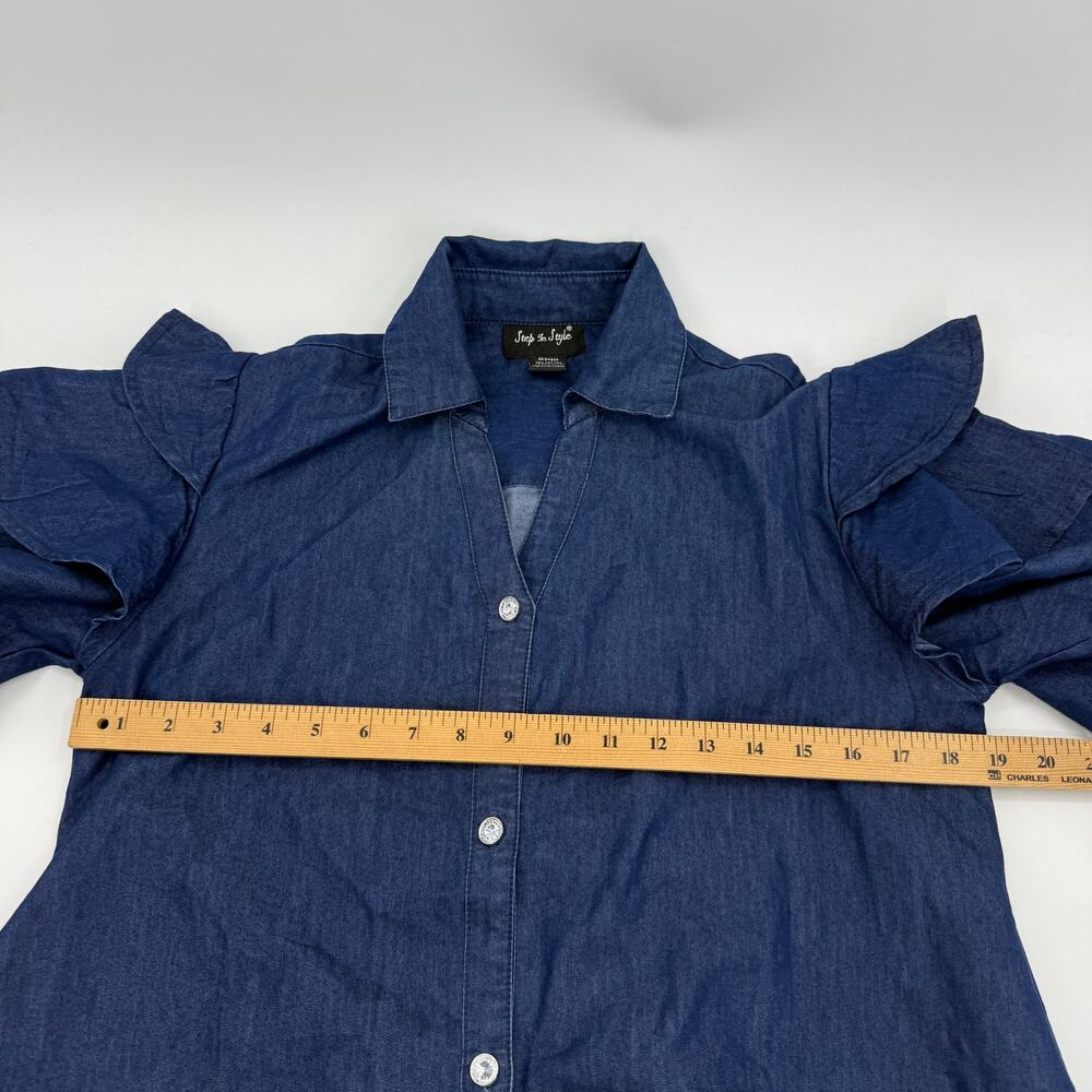 STEP IN STYLE Tunic Shirt Dress Size M Chambray Rhinestone Ruffle Swing Rustic - Picture 6 of 8